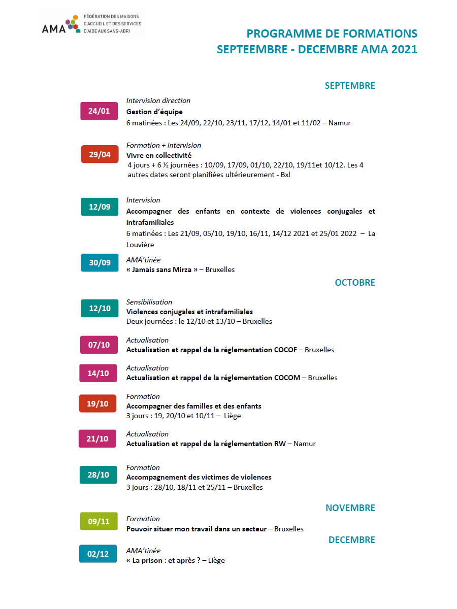 Programme de formations AMA septembre - décembre 2021